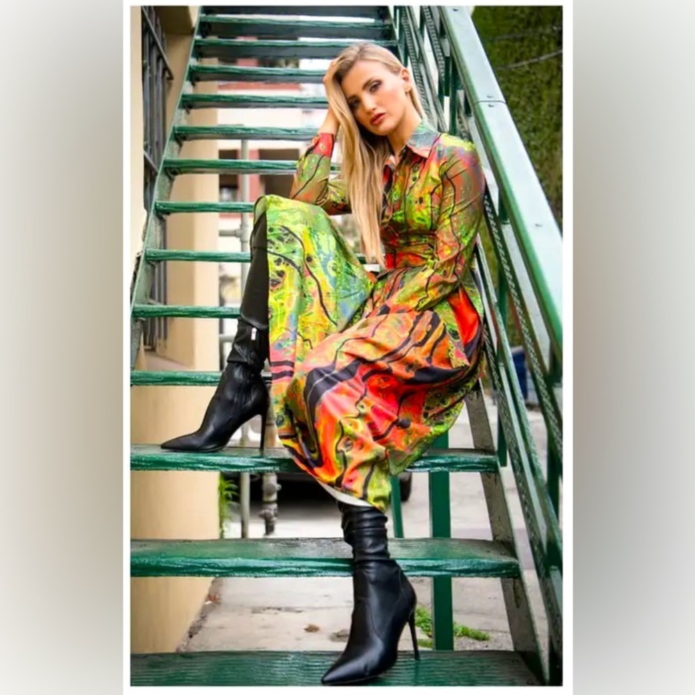 Dalia Macphee Acid Oil Slick Printed Maxi Shirt Dress Size S